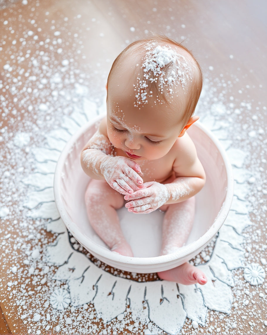 Baby soaked in baby powder representing Sensing Spirit candle company's baby powder scented candle.